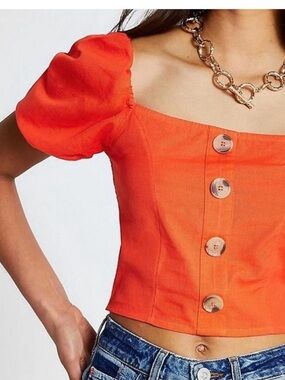 River Island Orange Puff Sleeve Button Crop Top